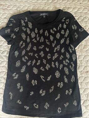 INC International Concepts Black Short Sleeve Tee with Silver Stud Leopard Spots